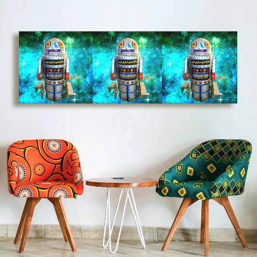 3 speelgoed robot turquoise melkweg  retro tryptis canvas afdruk