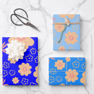 3 Verpakking Blauw Oranje Floral Patroon Inpakpapier Vel