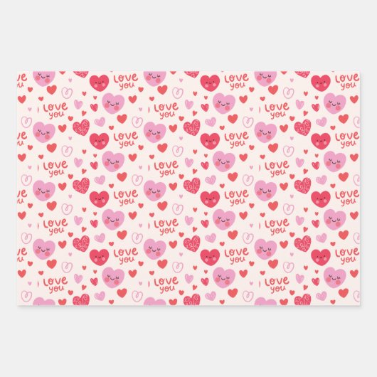 3 Verschillend roze rood hartpatroon Inpakpapier Vel (Voorkant)