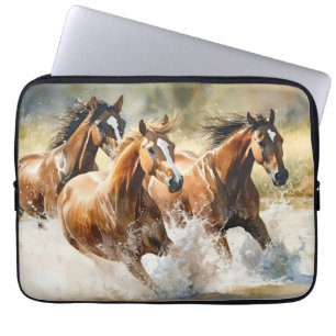 3 Wilde Paarden Stroom Aquarel Schildering Laptop Sleeve