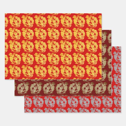 3 WP Chinese papiersnit Rat met druivenKies Kleur Inpakpapier Vel (Set)
