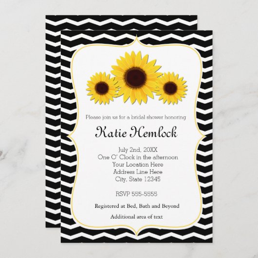 3 Zonnebloemen Zwart & Wit Chevron uitnodiging (Voorkant / Achterkant)