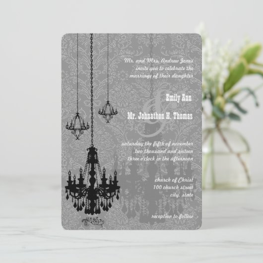 3 Zwarte luchters Shadow Silver Metallic Damask Kaart (Staand voorkant)