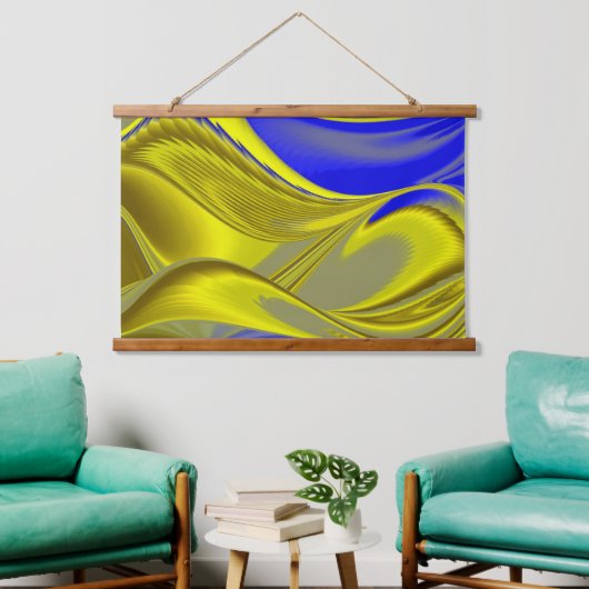 3D Abstract in Gold Yellow Blue Hangend Wandkleed (Woonkamer)