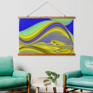 3D Abstract in Gold Yellow Blue Hangend Wandkleed
