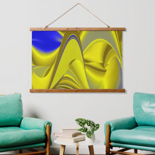 3D Abstract in Gold Yellow Blue Hangend Wandkleed (Woonkamer)