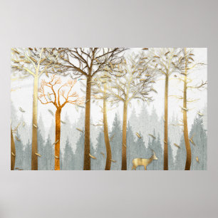 3d afbeelding, grijs en goudcontouren van bomen, poster