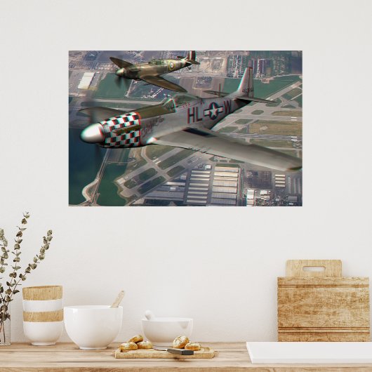3D Anaglyph van P51 n Spitfire over vliegveld Poster (Keuken)