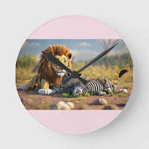 3D-Animatie Leeuw Eet Zebra – Wilde Savannah-Scene Ronde Klok