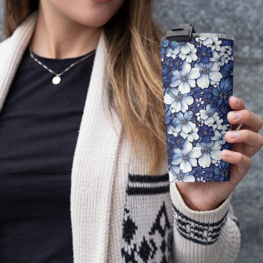 3D Blauw en Grijs Bloemen Thermosbeker