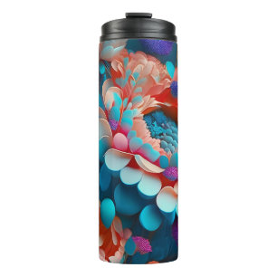 3D Blauw en Sinaasappel bloemen Thermosbeker