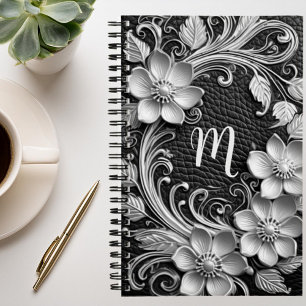 3D Bloemen lijst in reliëf leer look monogram Notitieboek