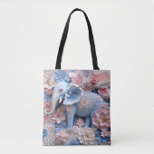 3D Blue Elephant Tas Canvas tas met bloemen (Voorkant)
