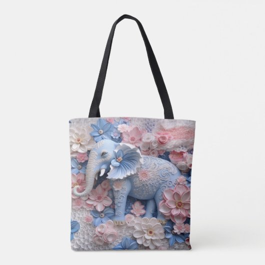 3D Blue Elephant Tas Canvas tas met bloemen (Achterkant)