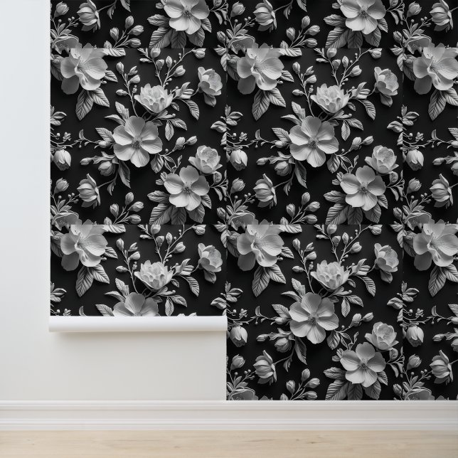 3D Botanische Kunst Zwart-wit Bloemen Verwijderbaa Behang (Applicatie)