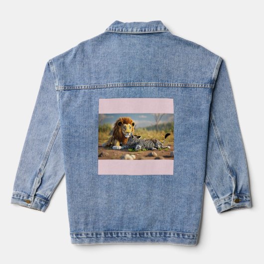 3D Cartoon Lion Eating Zebra – Wild Savannah Scene Denim Jacket (Achterkant)