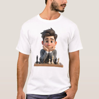 3D-cartoon schaakmeester man die nadenkt T-shirt