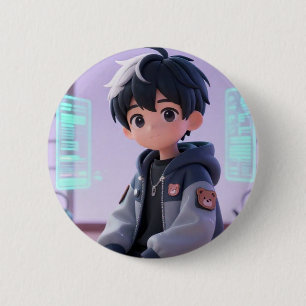 3D Chibi Gamer Boy Holografische Techwear Accessoi Ronde Button 5,7 Cm