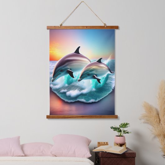 3D Dolfijnen Ocean Sunset Tropical Beach Vibe Hangend Wandkleed (Slaapkamer)