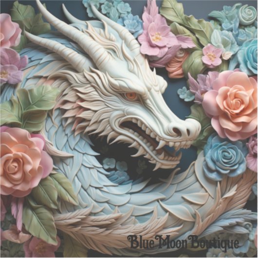 3D Draak en Bloemen op maat gesneden vinyl sticker (Voorkant)