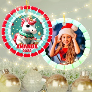 3D Eenhoorn Kerst Aangepaste Kinder Foto Keramisch Ornament