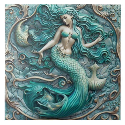 3D-effect Aqua Marine Ceramic Tegel Mermaid Design Tegeltje (Voorkant)