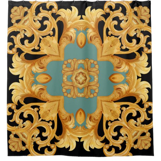 3D-elementen van Golden Baroque Ornament Douchegordijn (Voorkant)