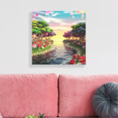 3D Fantasy Zonsondergang Over Serene Lake Met Leve Canvas Afdruk (Insitu (Woonkamer))