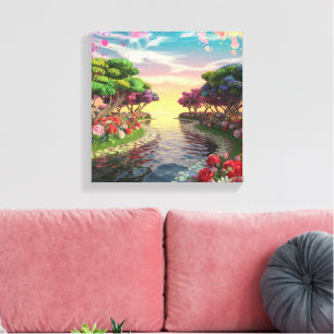 3D Fantasy Zonsondergang Over Serene Lake Met Leve Canvas Afdruk