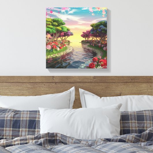 3D Fantasy Zonsondergang Over Serene Lake Met Leve Canvas Afdruk (Insitu (Slaapkamer))
