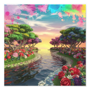 3D Fantasy Zonsondergang Over Serene Lake Met Leve Foto Afdruk