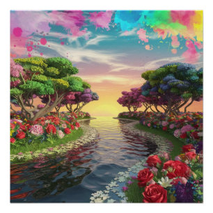 3D Fantasy Zonsondergang Over Serene Lake Met Leve Perfect Poster