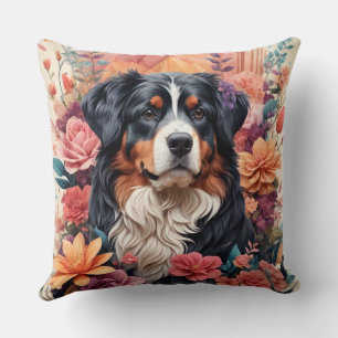 3D Floral Fantasy Berner Mountain Dog Birds Uitzic Kussen