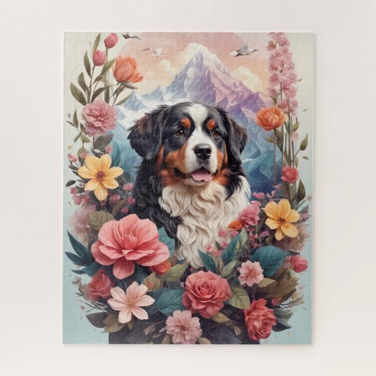 3D Floral Fantasy Berner Mountain Dog Birds Uitzic Legpuzzel (Verticaal)