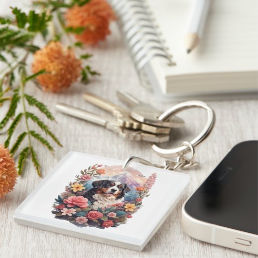 3D Floral Fantasy Berner Mountain Dog Birds Uitzic Sleutelhanger (Voorkant Rechts)