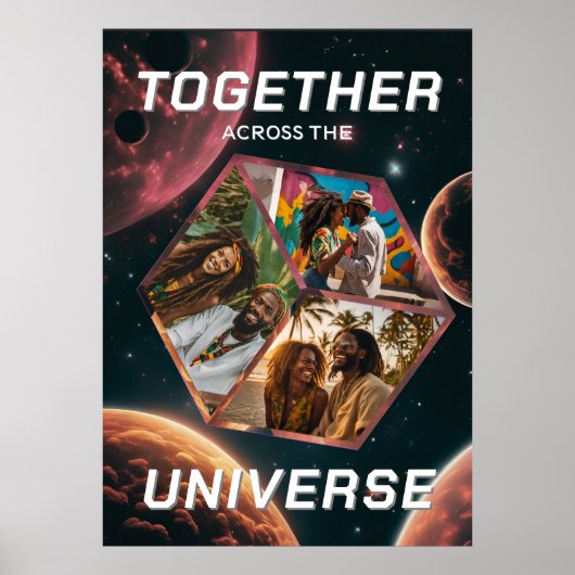 3D Fotowürfel im Weltraum mit Planeten Poster (Voorkant)