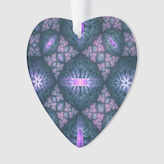 3D Fractal Art Pattern Turquoise Paars Pink Heart Ornament (voorkant)
