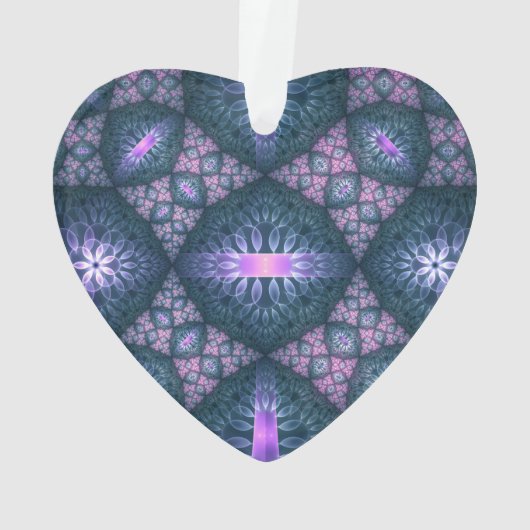 3D Fractal Art Pattern Turquoise Paars Pink Heart Ornament (achterkant)