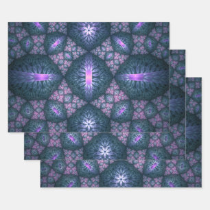 3D Fractal Art Pattern Turquoise Paars Pink Inpakpapier Vel