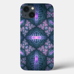 3D Fractal Kunstpatroon Turquoise Paars Roze iPhone 13 Hoesje