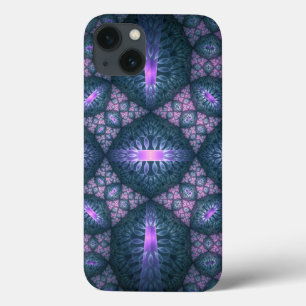 3D Fractal Kunstpatroon Turquoise Paars Roze iPhone 13 Hoesje