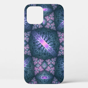3D Fractal Kunstpatroon Turquoise Paars Roze iPhone 12 Pro Hoesje