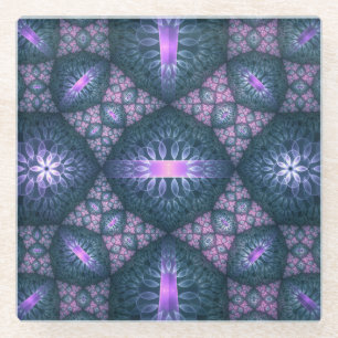 3D Fractal Kunstpatroon Turquoise Paars Roze Glazen Onderzetter