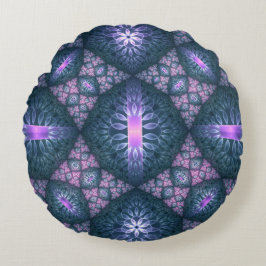 3D Fractal Kunstpatroon Turquoise Paars Roze Rond Kussen