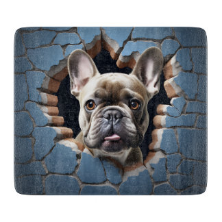 3D Franse Bulldog Gebarsten Gat Blauwe Muur Snijplank