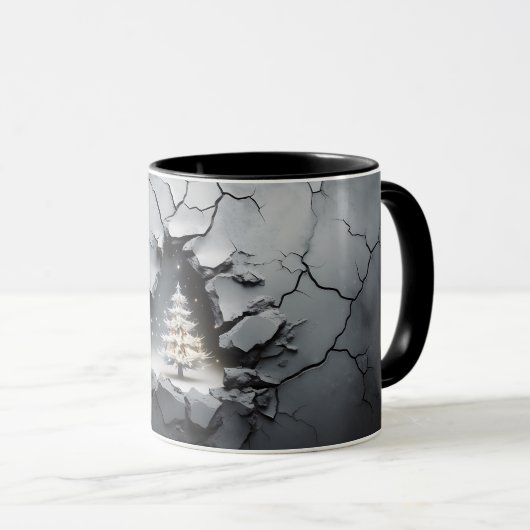 3D Gebarsten Grijze Muur Kerstboom Mok (Voorkant rechts)