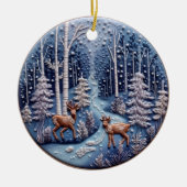 3D geborduurde look herten winterbos landschap Keramisch Ornament (Voorkant)
