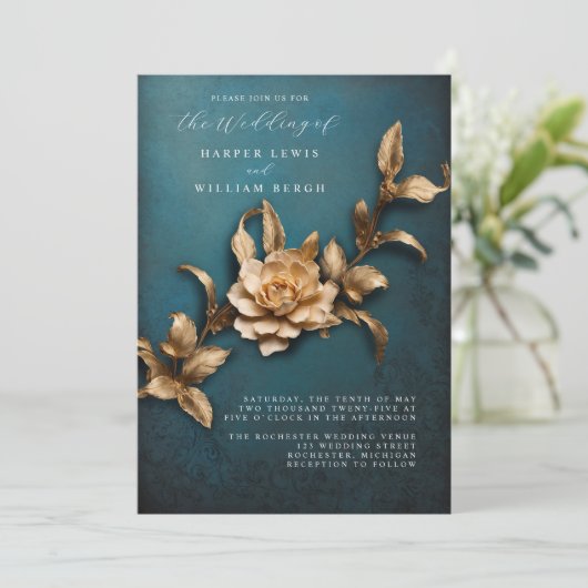 3D gouden loof QR code bruiloft Kaart (Staand voorkant)