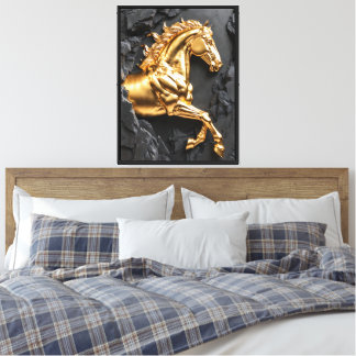 3D Gouden Paard Steen Reliëf Canvas Afdruk