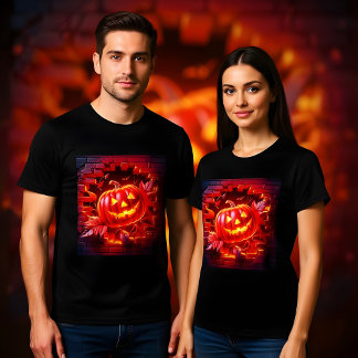 3D Halloween rode pompoen in een gat in de muur T-shirt